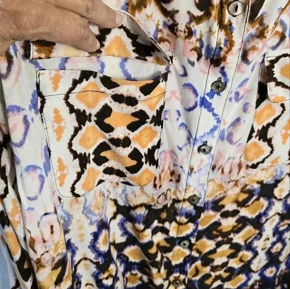 Mishca Womens L Tie Dye Animal Print Long Sleeve Tunic Top Button Up Pockets - Picture 4 of 8